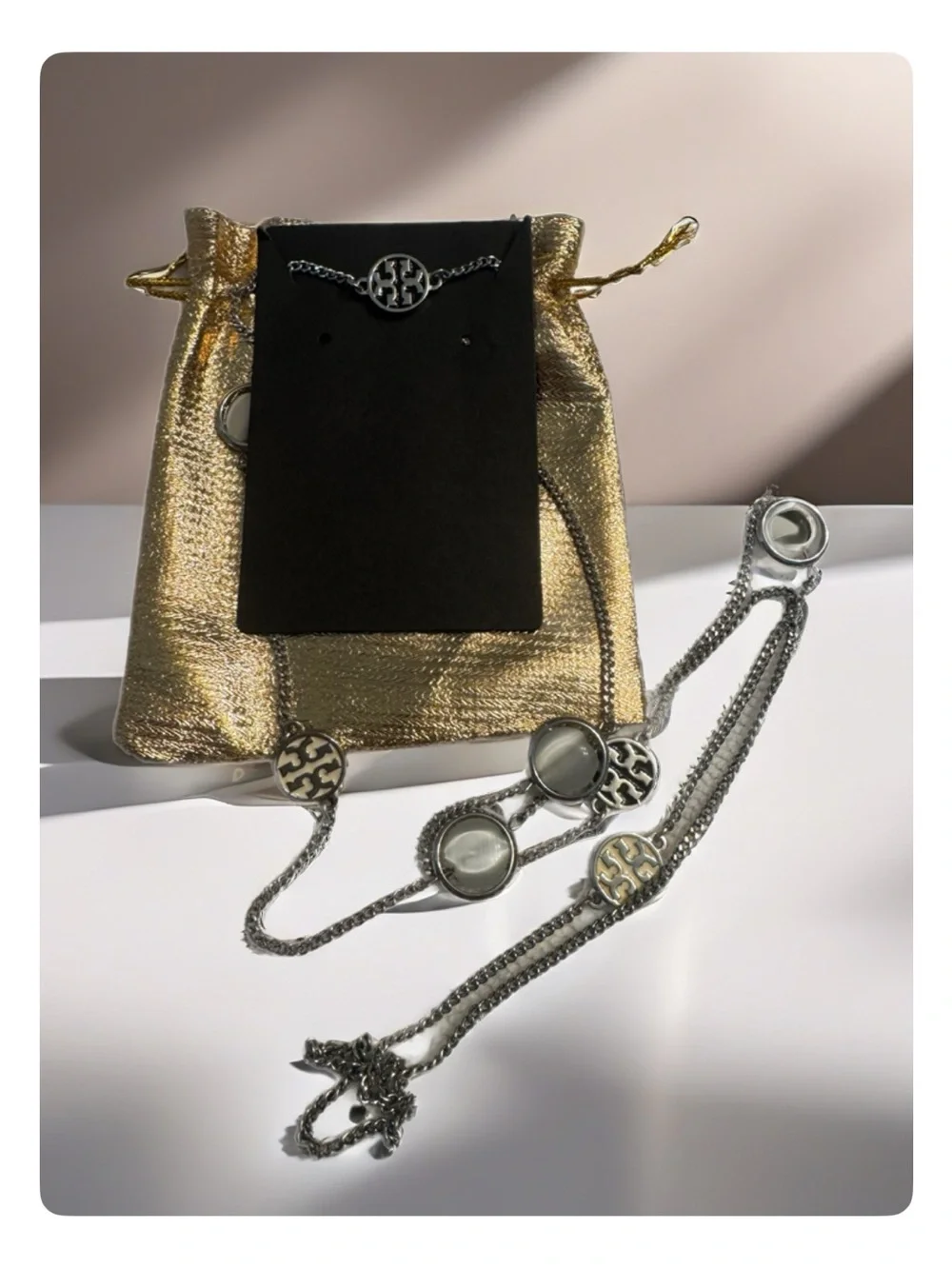 Tory Burch Silver-Tone Logo & Mother-of-Pearl Station Necklace